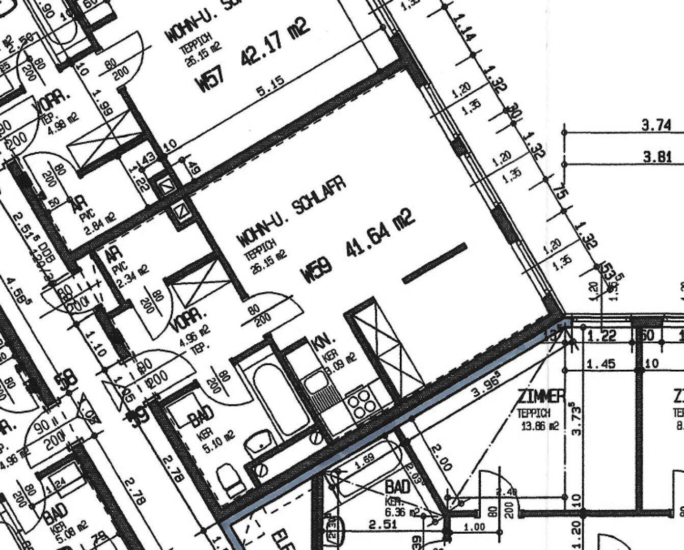 Detaillierter Grundriss einer Wohnung mit Wohn- und Schlafbereichen sowie Bädern.