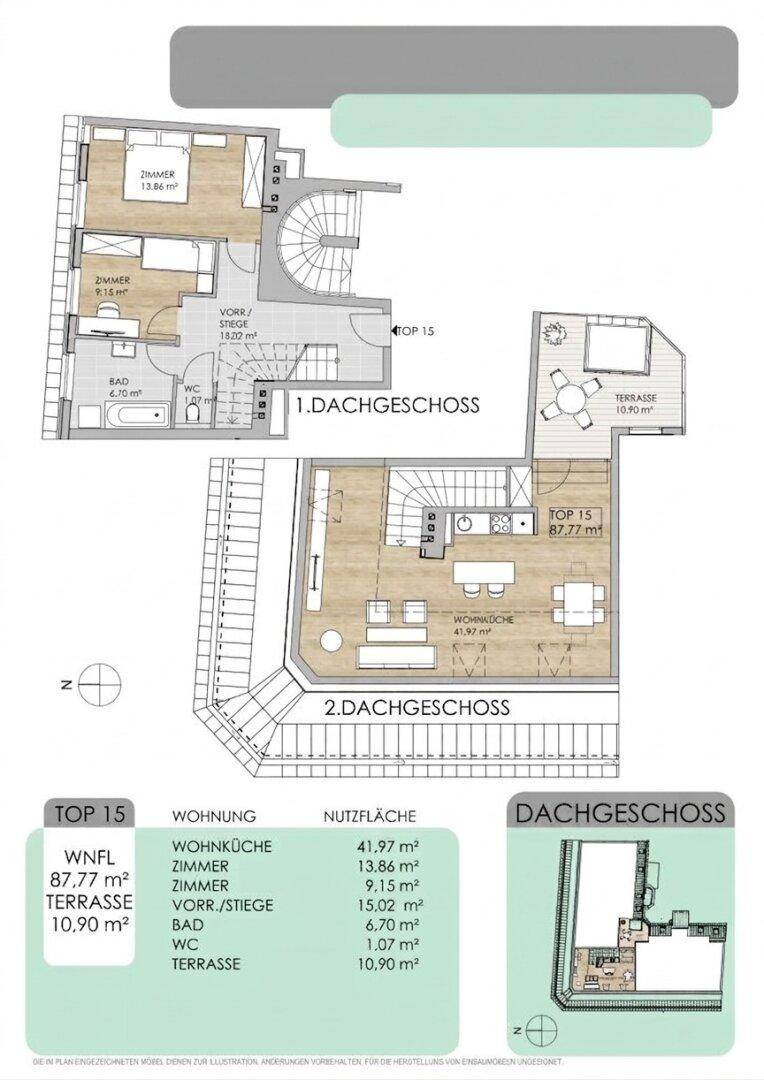 Detaillierter Grundriss einer Dachgeschosswohnung über zwei Ebenen mit Raumaufteilung und Flächenangaben.