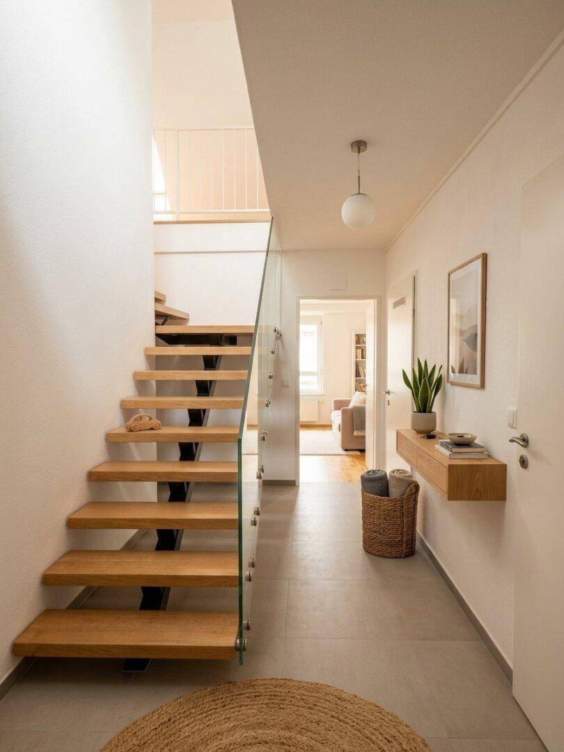 Einladender Flur mit Holztreppe, Glasgeländer und dekorativen Elementen, hell und modern.