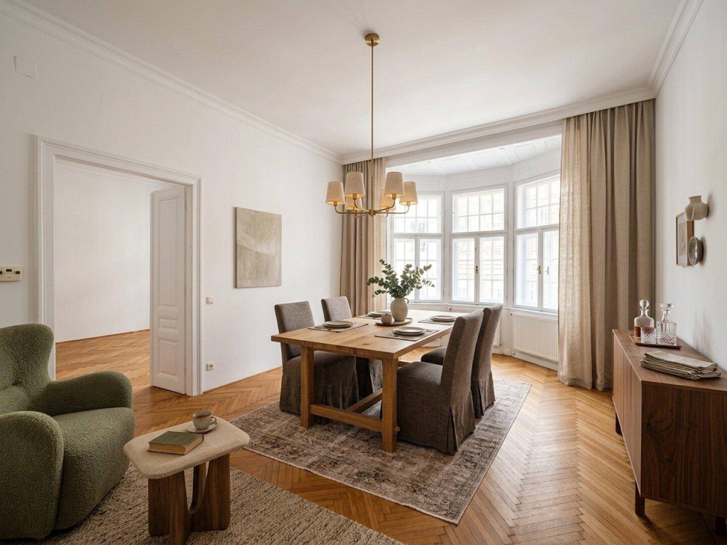 Gemütlicher Essbereich mit Holztisch, bequemen Stühlen und einem großen Erkerfenster mit Vorhängen.