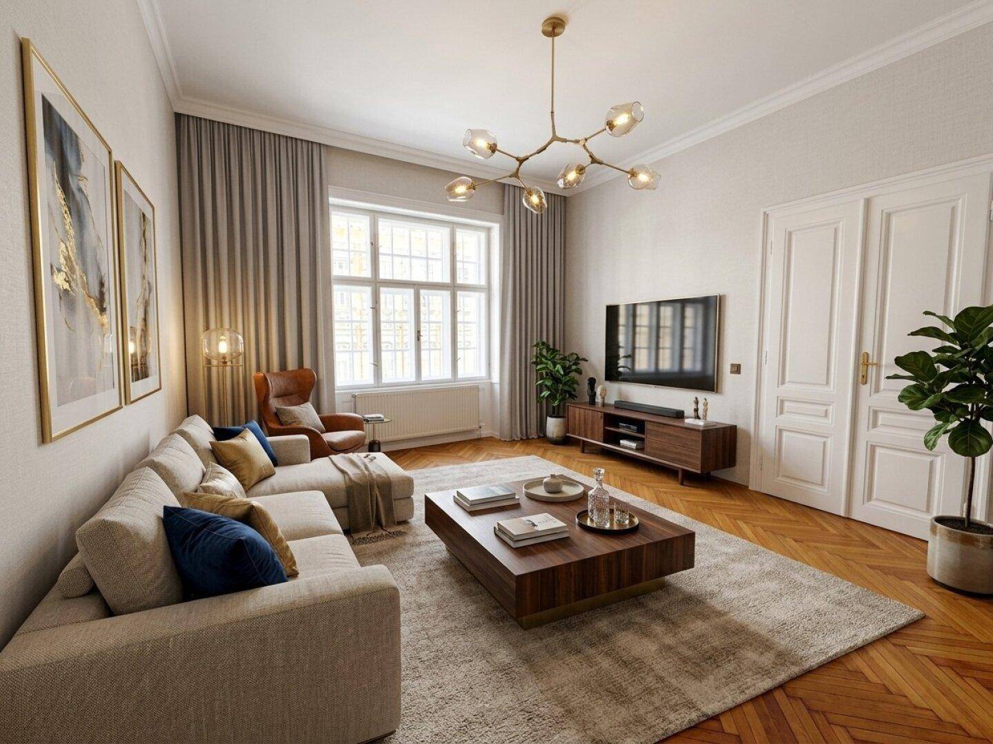 Modern eingerichtetes Wohnzimmer mit großem Sofa, Couchtisch und Fernseher, beleuchtet durch ein großes Fenster.