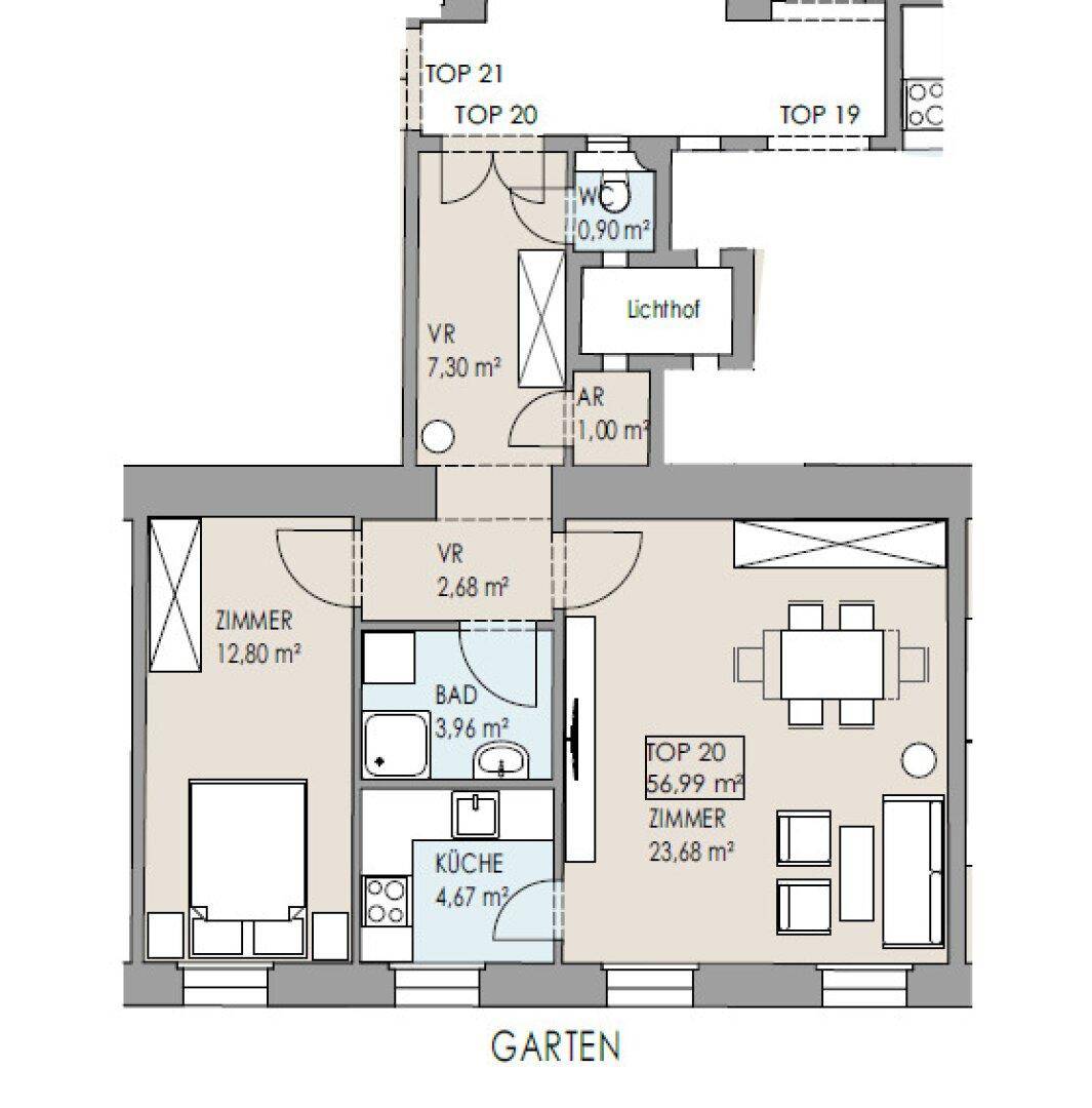 Grundriss einer Wohnung mit einem Schlafzimmer, Bad, Küche und offenem Wohnbereich.