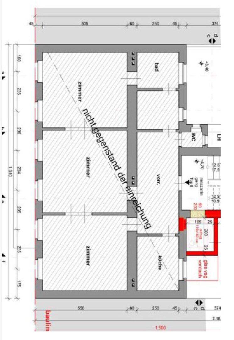 Grundriss der Wohnung mit Zimmern, Küche, Bad und WC, inklusive Maßen.