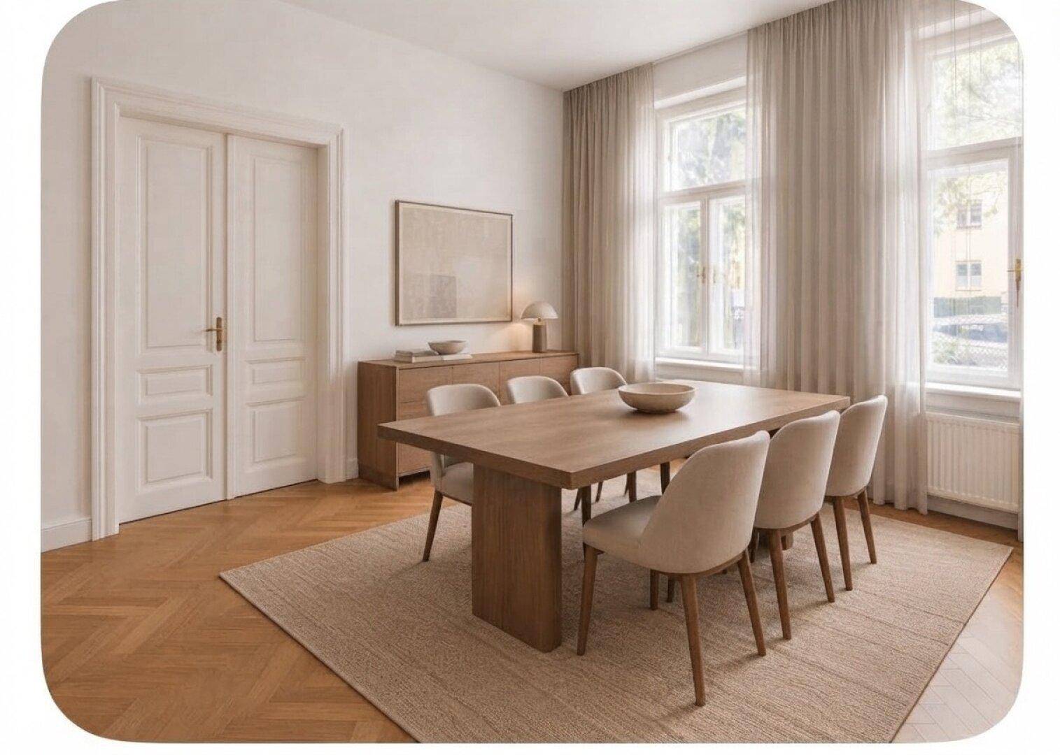 Eleganter Essbereich mit großem Holztisch, bequemen Stühlen und Fischgrätparkettboden.