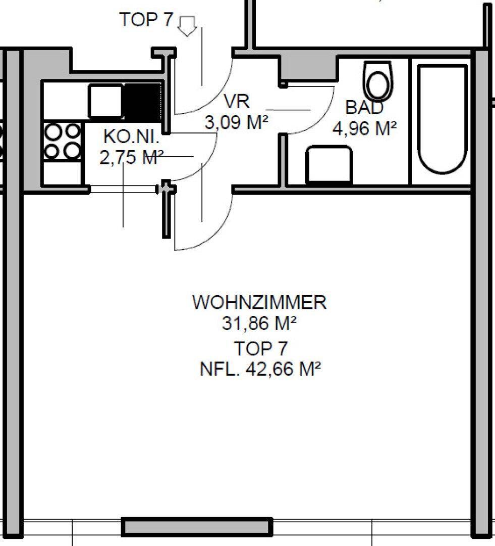 Grundriss der Wohnung TOP 7 mit Wohnzimmer, Kochnische und Bad.