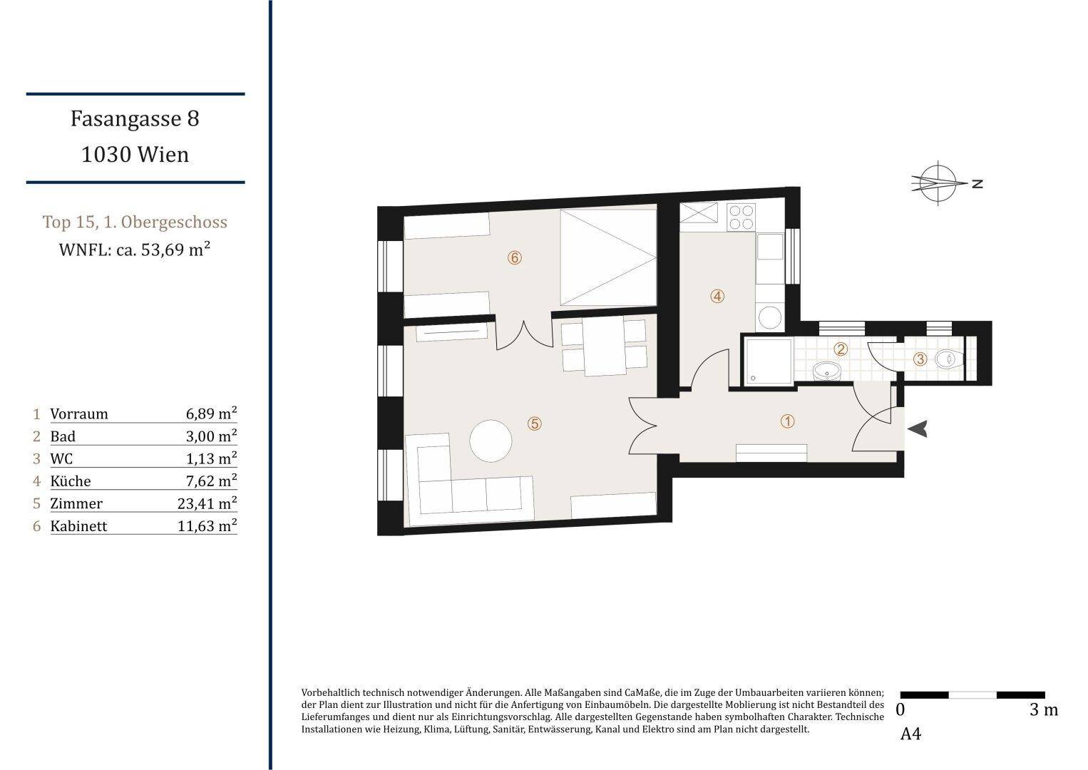Grundriss der Wohnung mit 53,69 m² Wohnfläche, aufgeteilt in Zimmer, Küche und Bad.