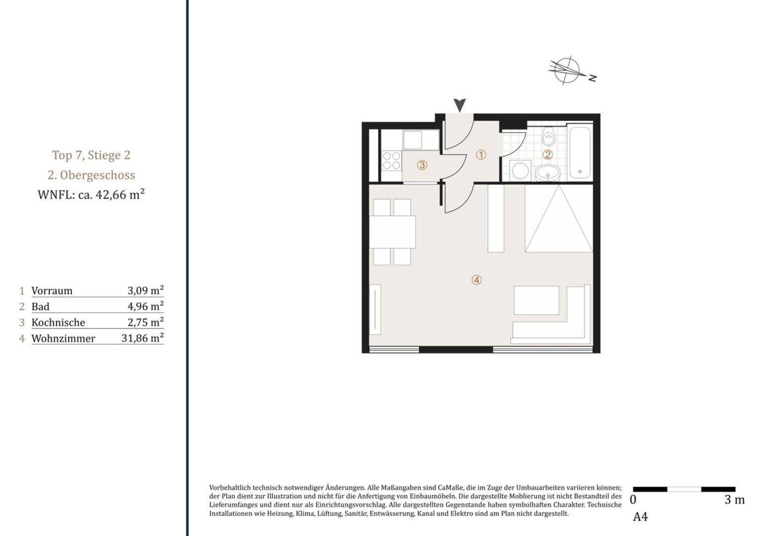 Kompakter Grundriss einer 42,66 m² großen Wohnung mit offenem Wohnbereich, Kochnische und Badezimmer.