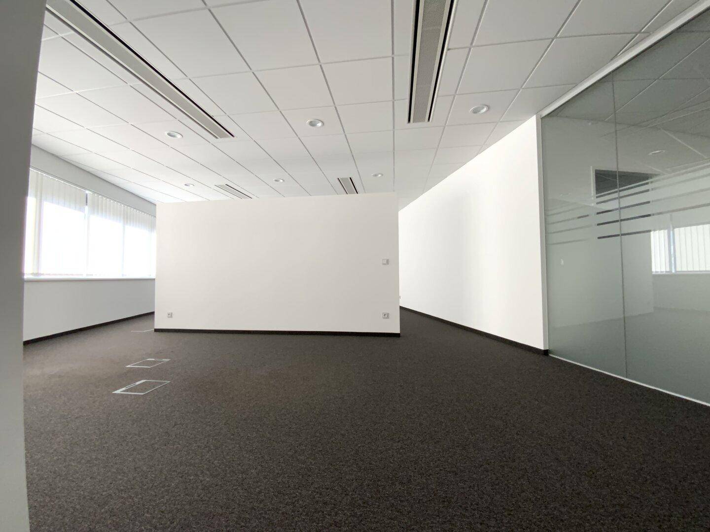 Offener Bürobereich mit Teppichboden, weißen Wänden und einer Glaswand, die einen weiteren Raum abtrennt.