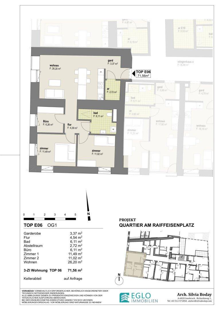 Detaillierter Grundriss einer 3-Zimmer-Wohnung mit offenem Wohnbereich und separatem Büro.