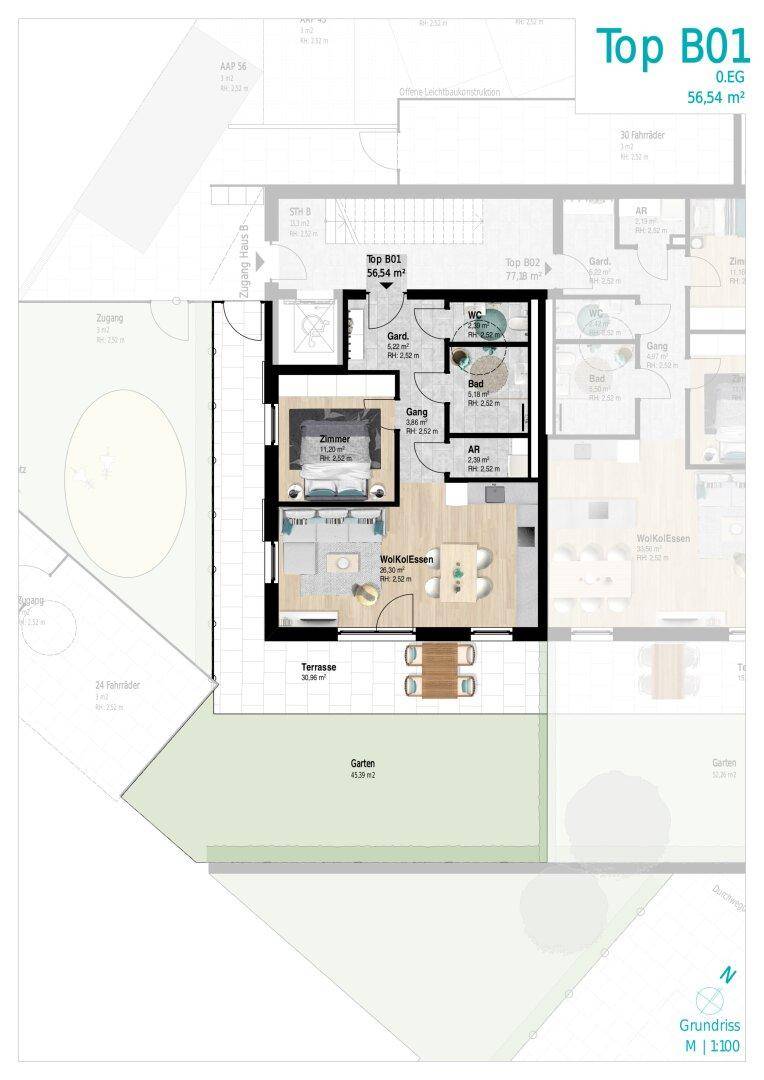 Grundriss der Wohnung Top B01 mit offenem Wohnbereich, Schlafzimmer, Bad, separatem WC, Abstellraum, Terrasse und Garten.