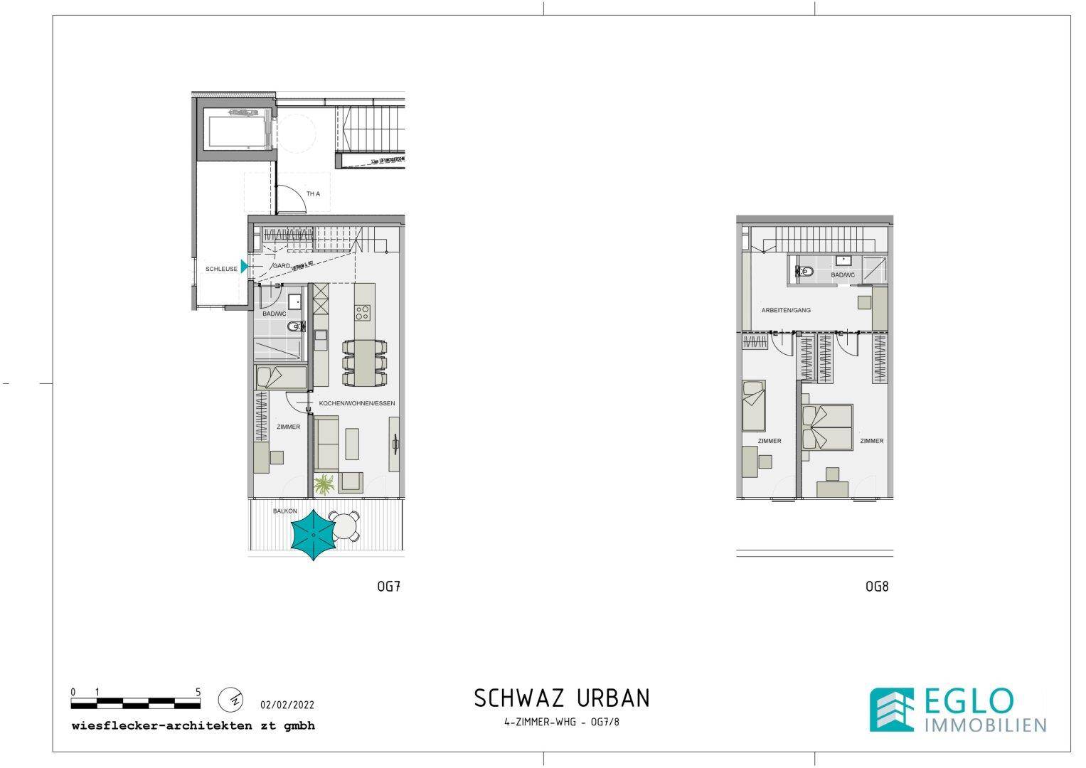 Grundrisspläne für eine 4-Zimmer-Wohnung auf zwei Ebenen mit offenem Wohnbereich und Balkon.