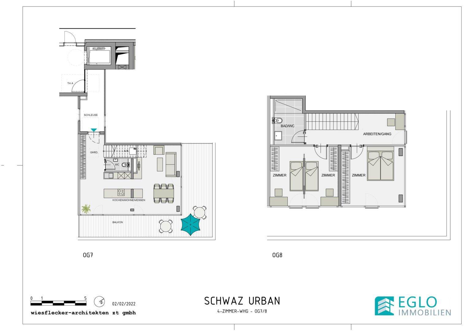 Grundriss für eine 4-Zimmer-Wohnung mit Balkon, offenem Wohnbereich und separatem Bad/WC.