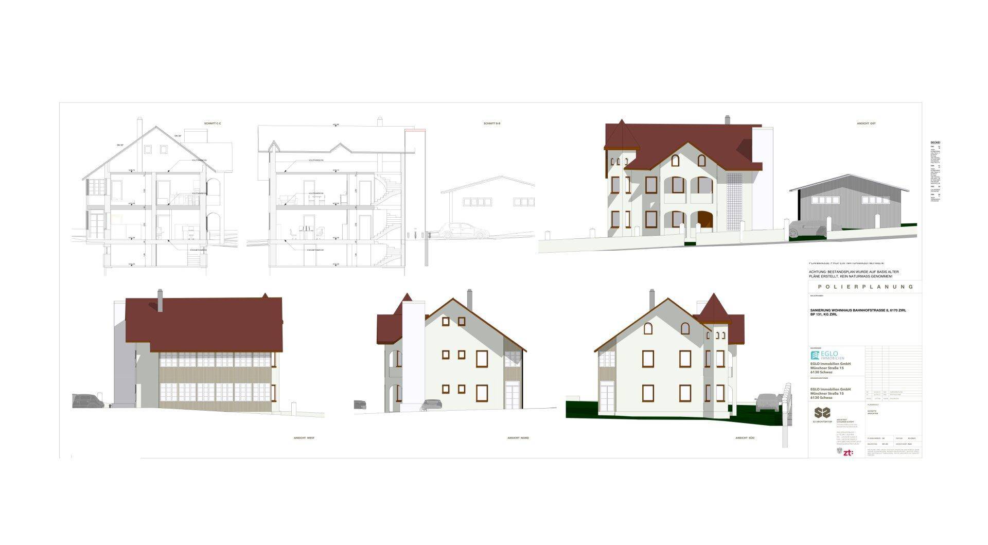 Architektonische Ansichten und Schnitte des Gebäudes, die die Struktur und Aufteilung zeigen.