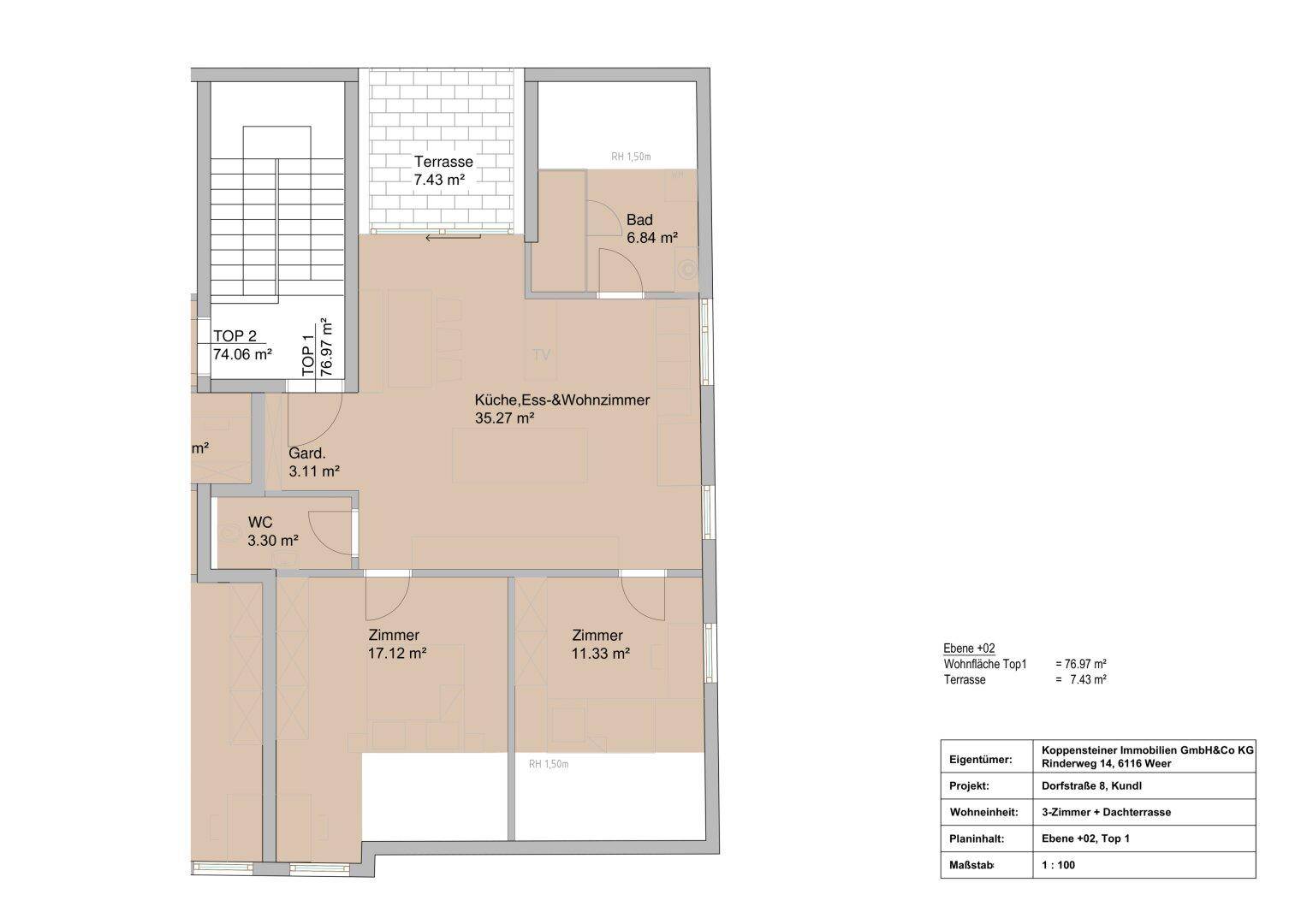 Grundriss der Ebene 02, Top 1, mit Küche, Ess- und Wohnzimmer, zwei Zimmern und Terrasse.