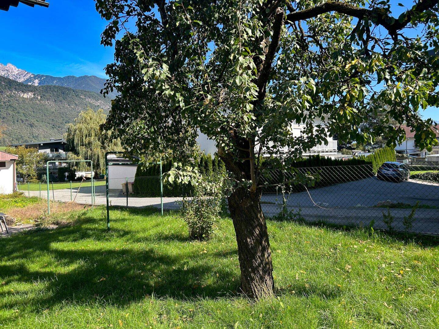 Grüne Gartenfläche mit einem Baum, Spielgeräten und einem malerischen Bergblick.