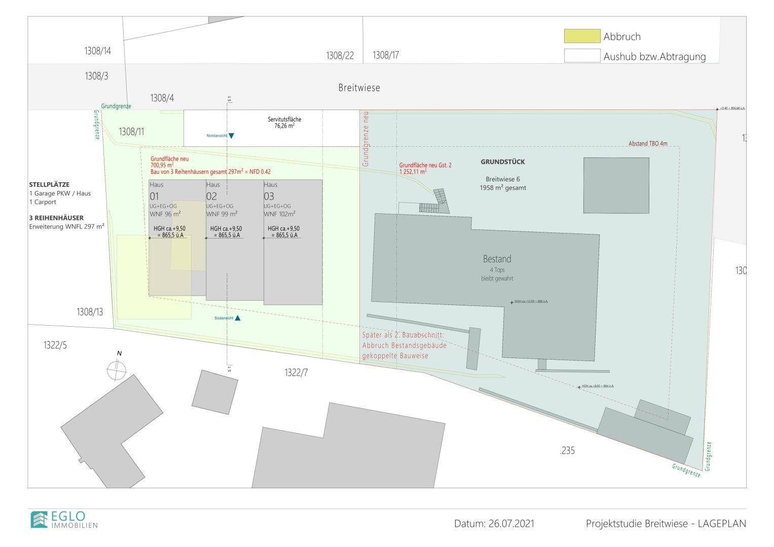 Lageplan mit Bestandsgebäuden, geplanten Reihenhäusern und Abgrenzungen für zukünftige Bebauung.