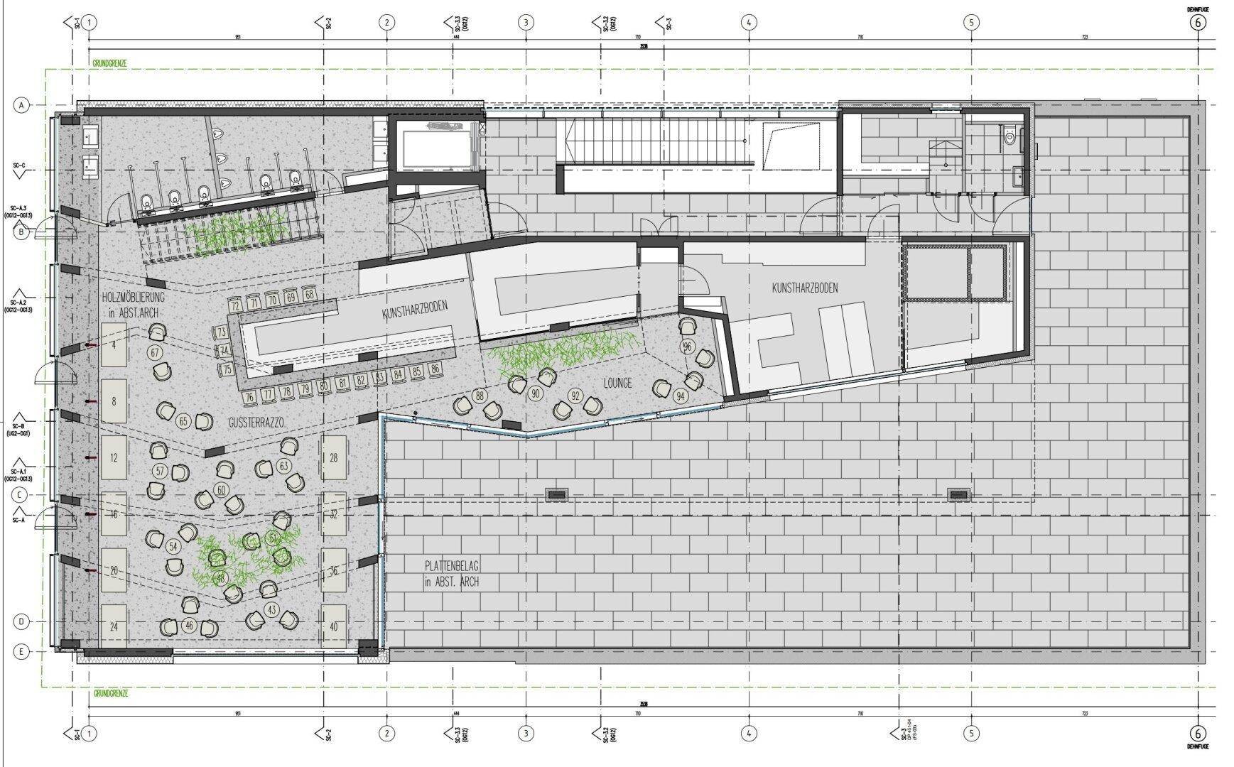 Detaillierter Grundriss eines Erdgeschosses mit offenen Bereichen, Terrasse, Aufzug und Treppenhaus.