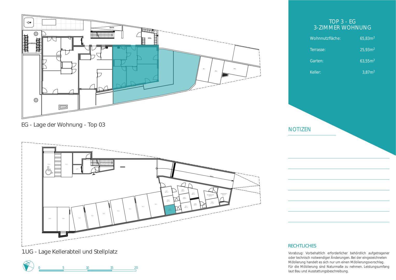 Übersichtlicher Grundriss der Wohnung im Erdgeschoss mit Kellerabteil und Stellplatz.