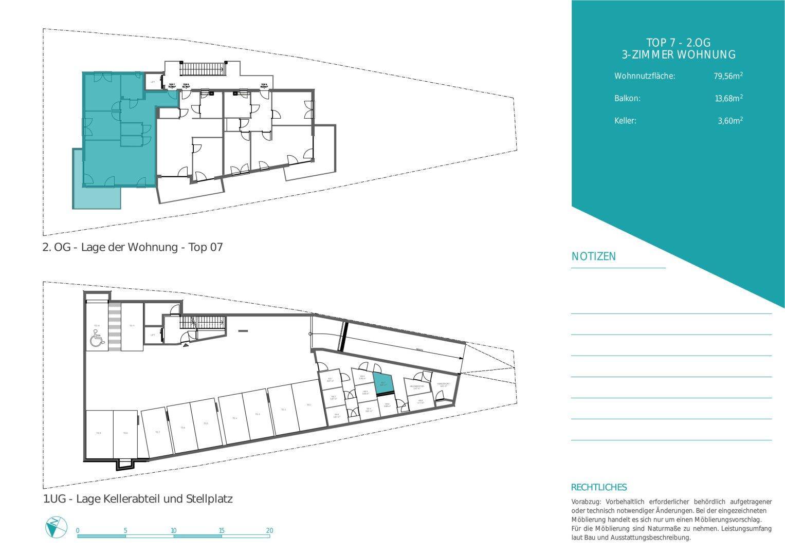 Technischer Grundriss der Wohnung Top 7 im 2. Obergeschoss und der Kellerräume im Untergeschoss.