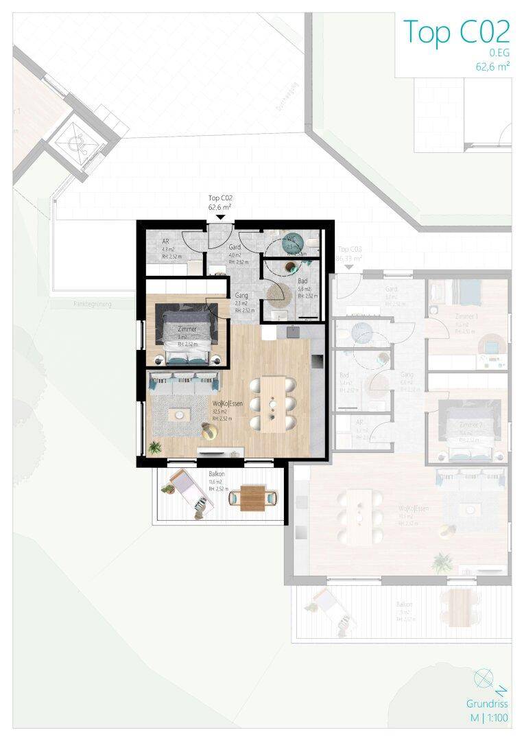 Grundriss für Top C02 mit Schlafzimmer, offenem Wohn-Essbereich, Bad und Balkon.