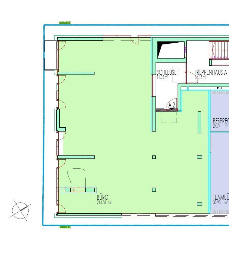 Grundriss einer Bürofläche mit mehreren Räumen, einem Treppenhaus und einem Besprechungszimmer.