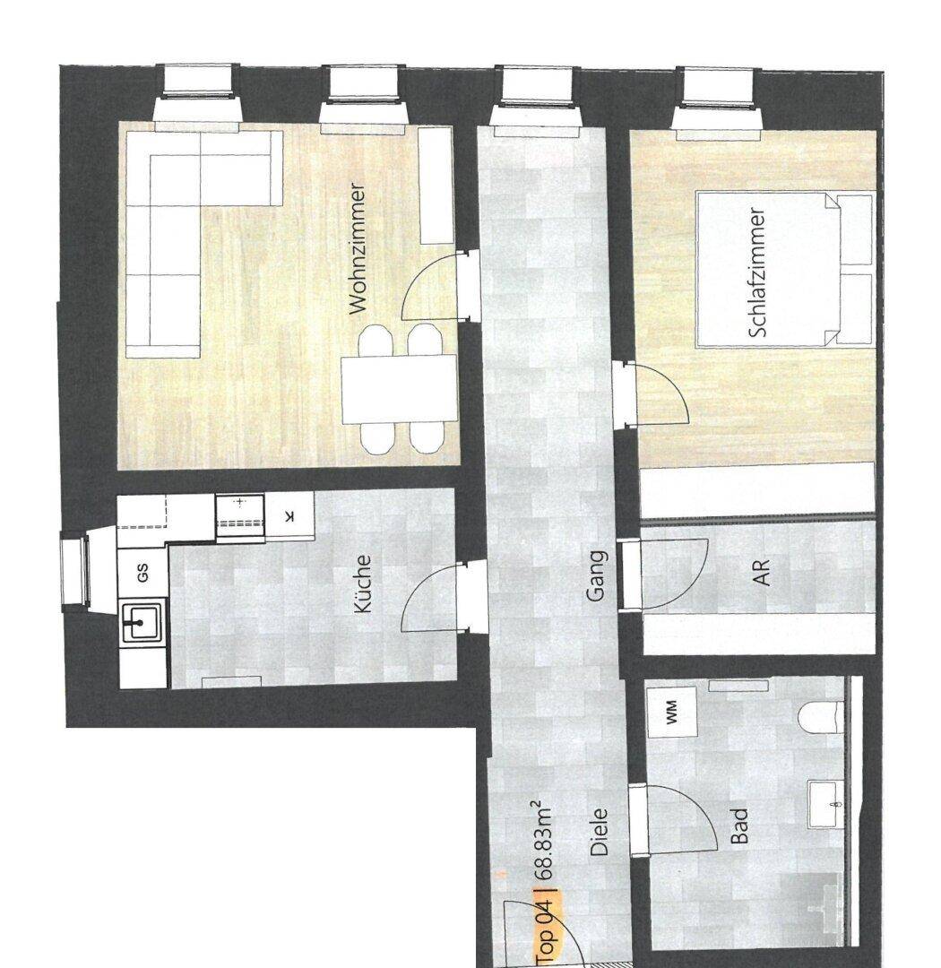 Grundriss der Wohnung mit Wohnzimmer, Schlafzimmer, Küche und Badezimmer.