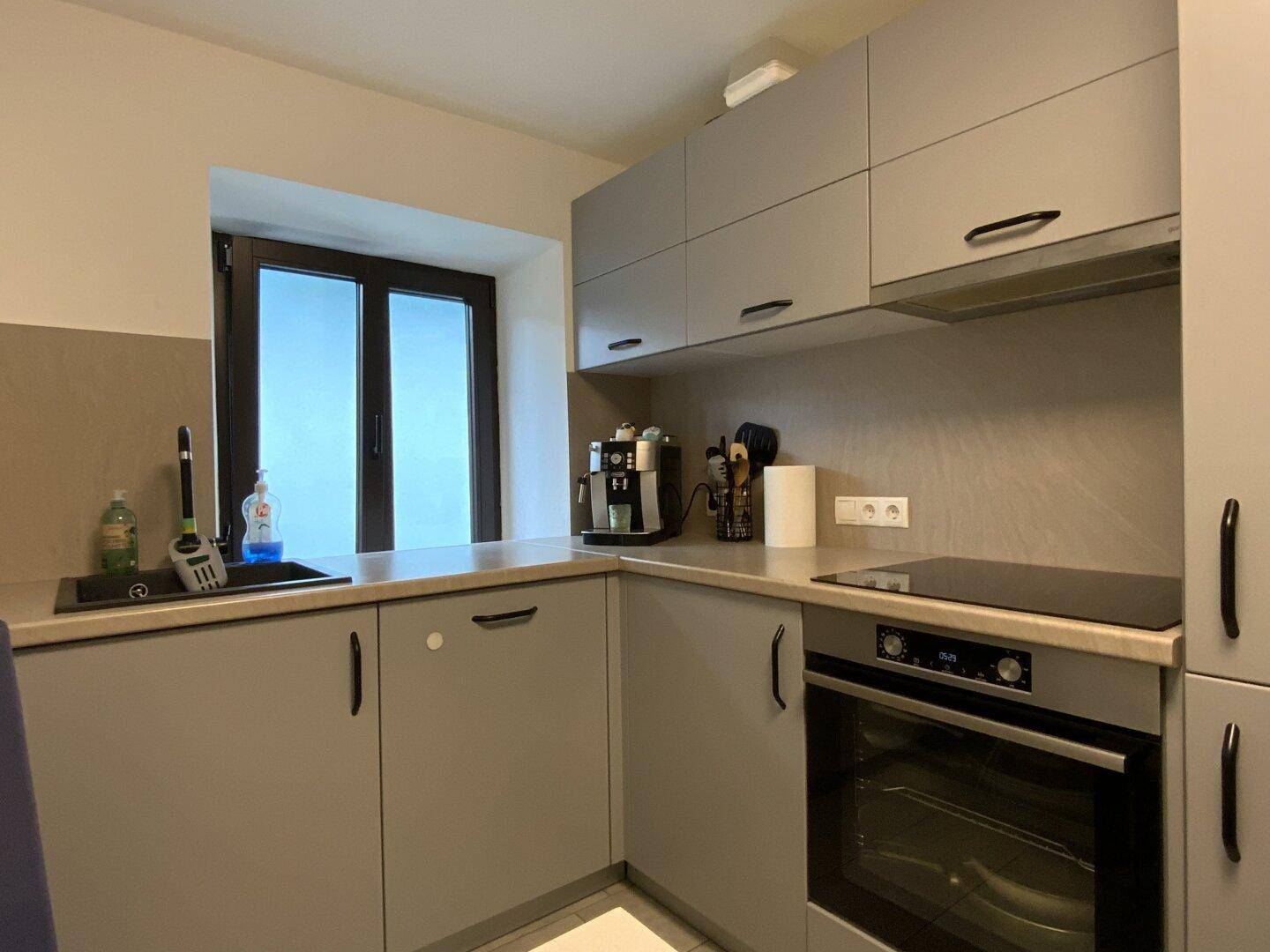 Moderne Küche mit grauen Schränken, Induktionskochfeld, Backofen und Blick aus dem Fenster.