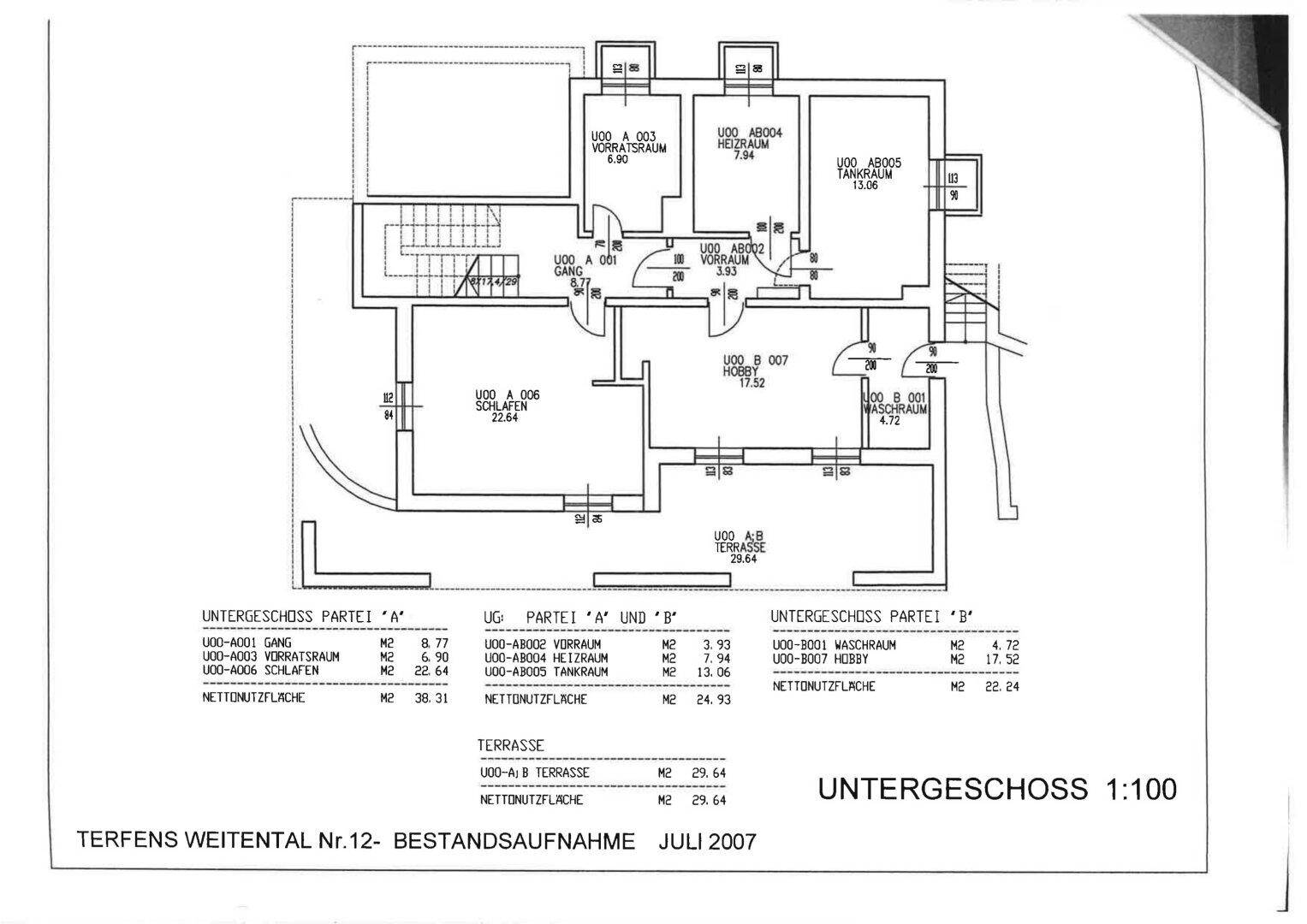 Grundriss des Untergeschosses mit Vorratsräumen, Hobbyraum, Waschraum und Schlafzimmer.