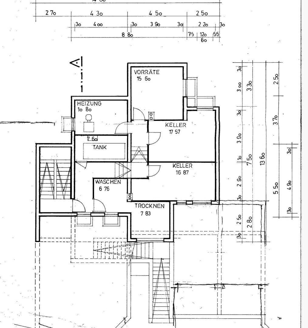 Grundriss des Kellergeschosses mit Heizungsraum, Tankraum und Lagerräumen.
