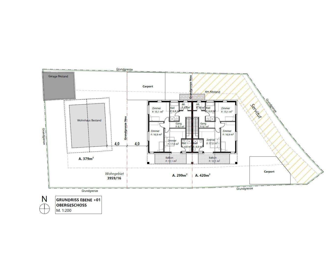 Grundriss des Obergeschosses mit zwei Wohneinheiten, Balkonen und Parkmöglichkeiten.