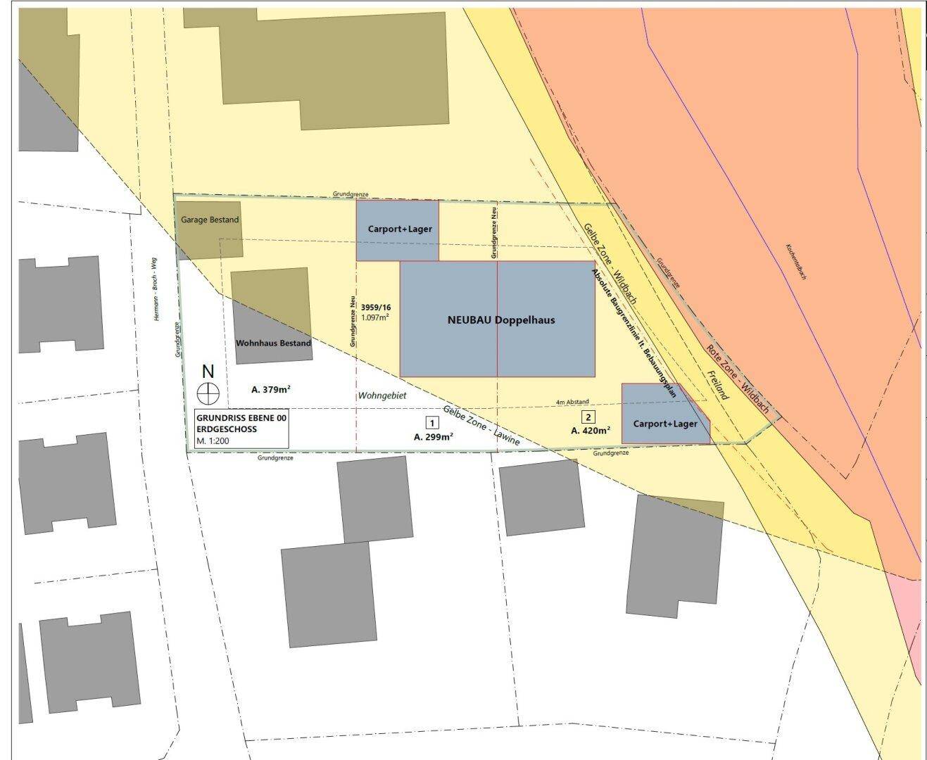 Grundriss des Erdgeschosses mit Bestandswohnhaus, Neubau-Doppelhaus und Carports.