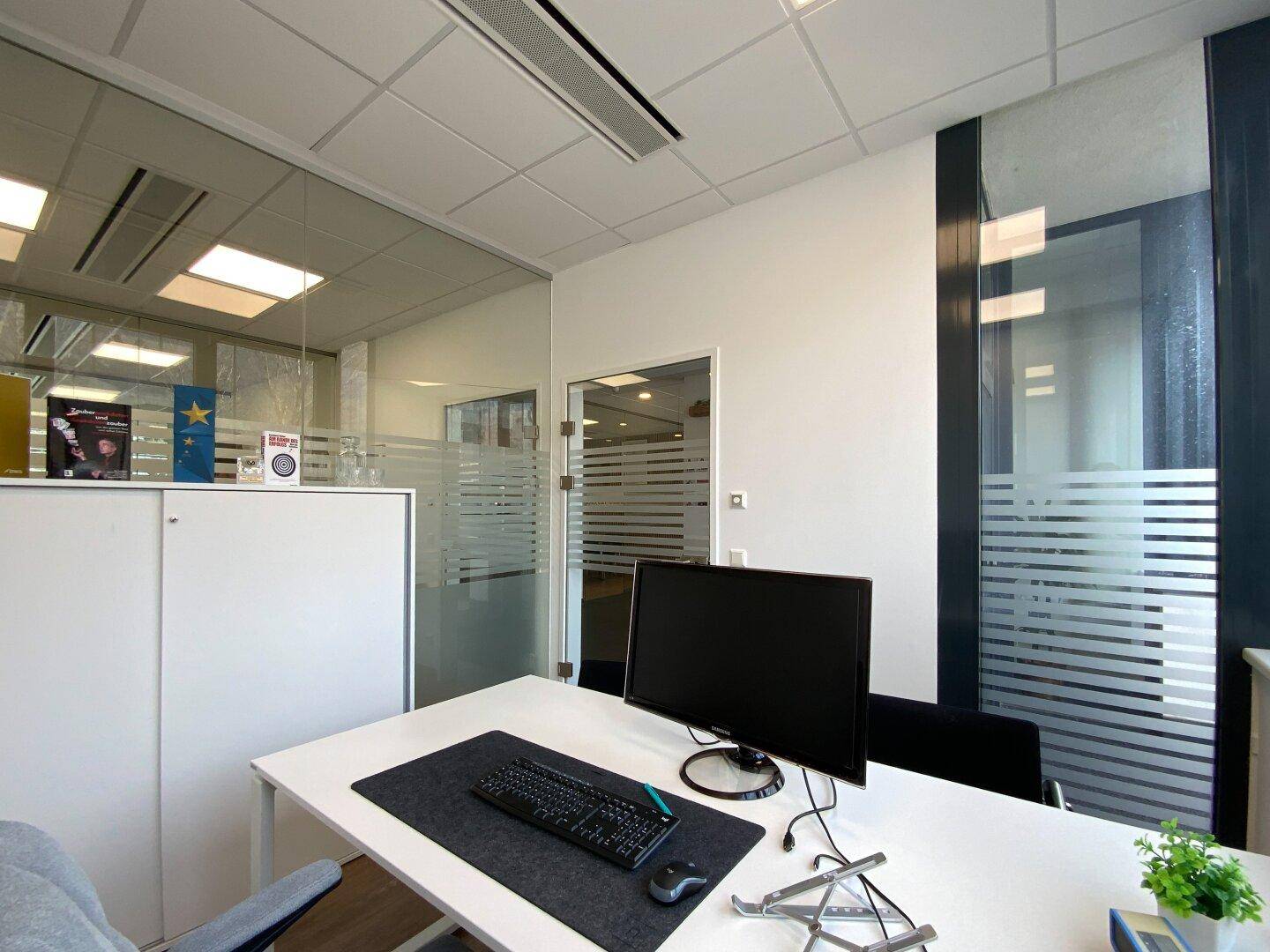 Modernes Büro mit Schreibtisch, Computer und Glaswand zum Flur.