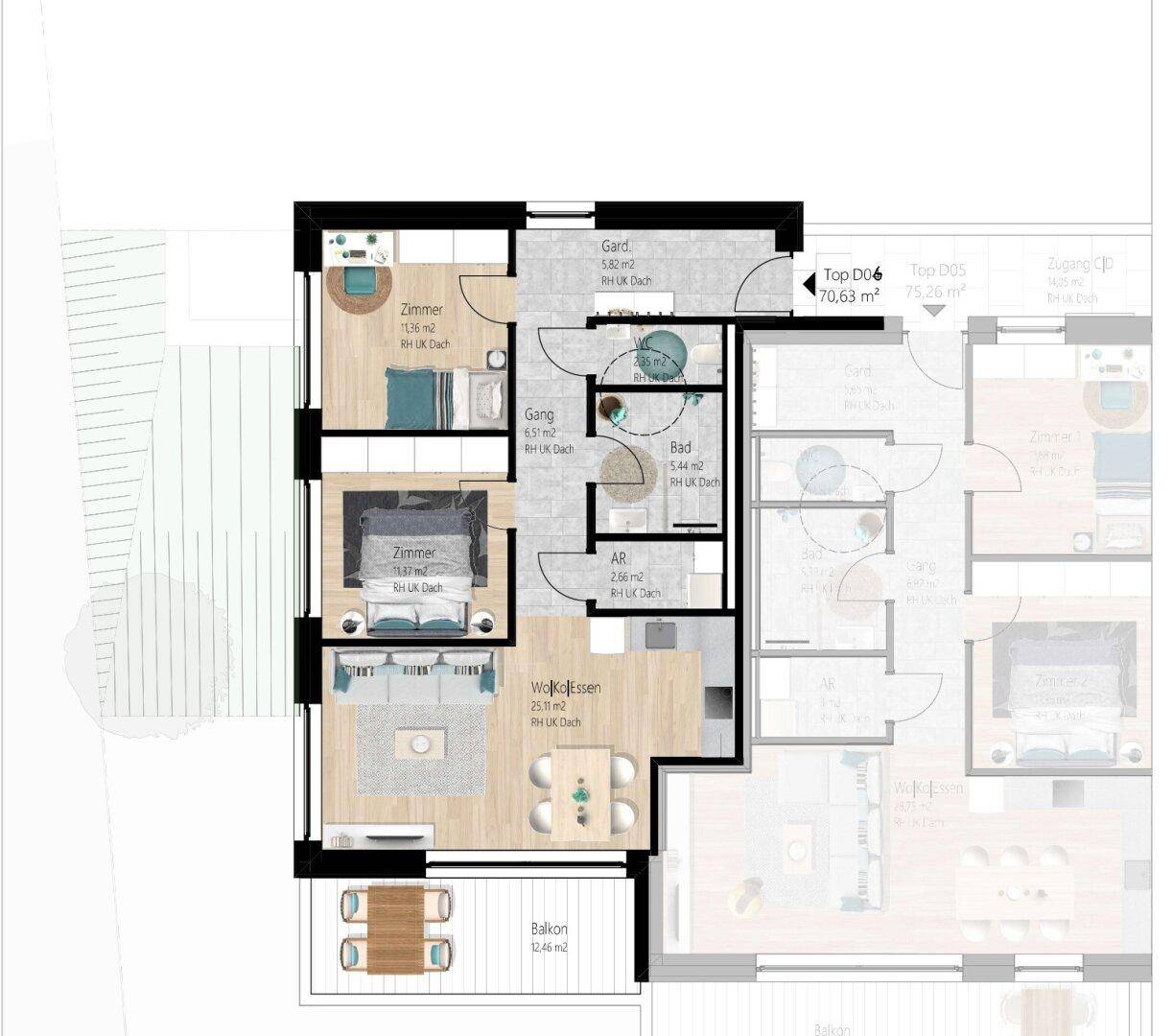 Grundriss einer Wohnung mit offenem Wohn-Essbereich, zwei Schlafzimmern, einem Badezimmer und Balkon.