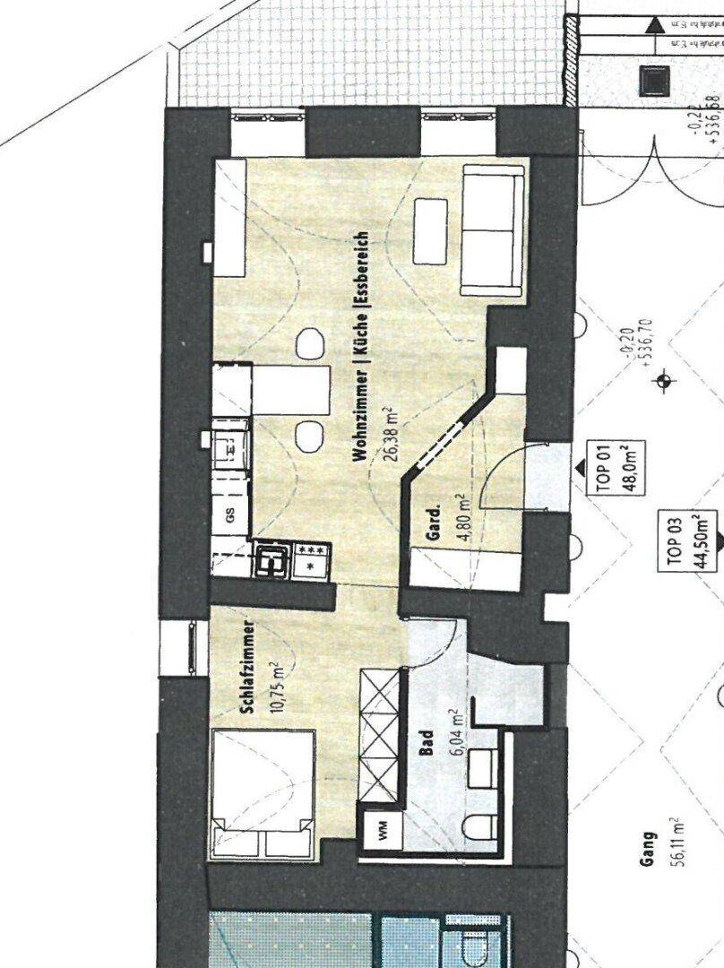 Grundriss einer Wohnung mit Schlafzimmer, Bad und offenem Wohn-Küchen-Essbereich.