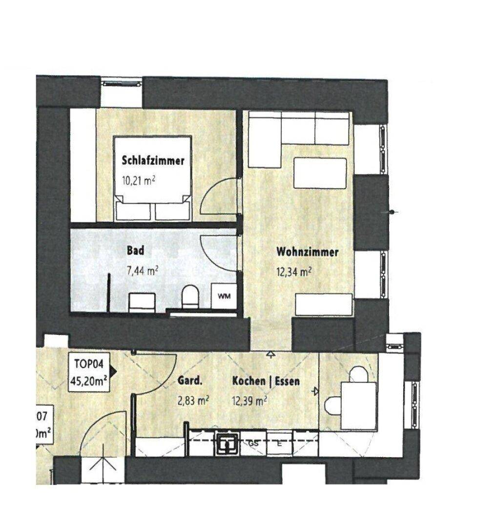 Grundriss einer Wohnung mit Schlafzimmer, Bad, Wohnzimmer und Küche mit Essbereich.