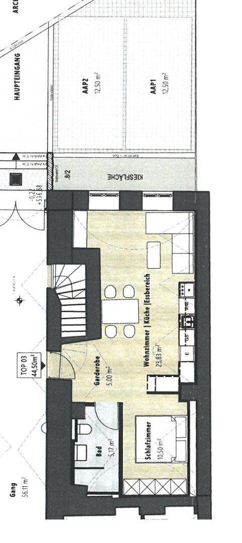 Grundriss einer Wohnung mit Schlafzimmer, Bad, Garderobe und offenem Wohn-Küchen-Essbereich.