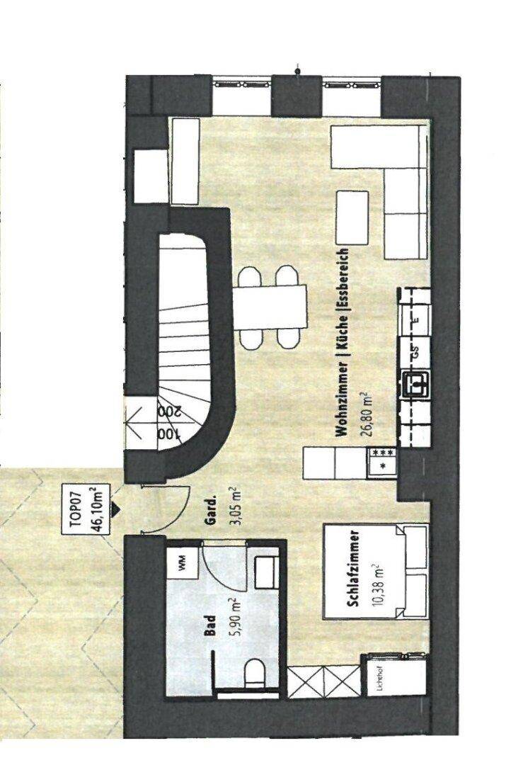 Grundriss einer Wohnung mit Schlafzimmer, Bad, Garderobe und offenem Wohn-Küchen-Essbereich.