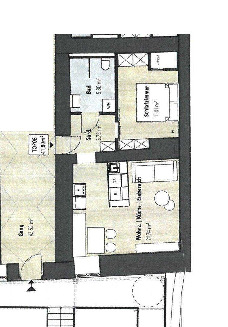 Grundriss einer Wohnung mit Schlafzimmer, Bad, Garderobe und offenem Wohn-Küchen-Essbereich.