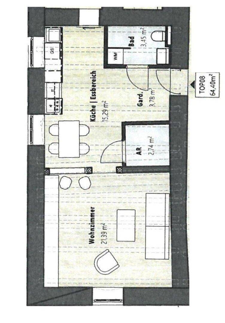 Grundriss einer Wohnung mit Wohnzimmer, Küche-Essbereich, Bad und Abstellraum.