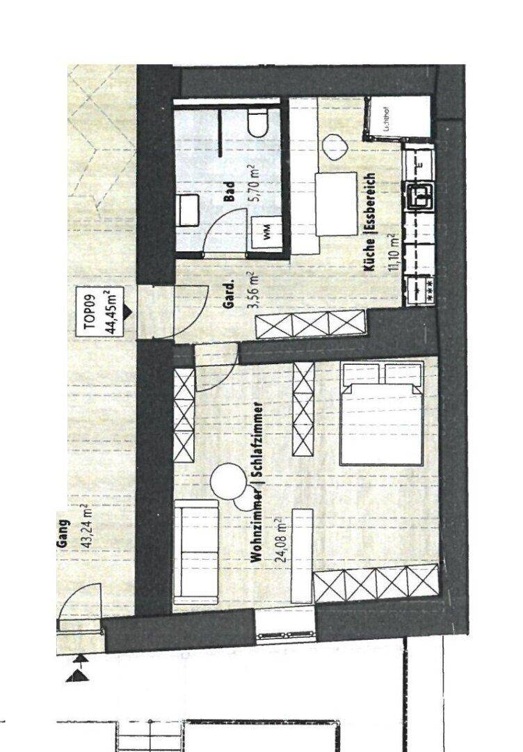 Grundriss einer Wohnung mit Schlafzimmer, Wohnzimmer, Küche-Essbereich und Bad.