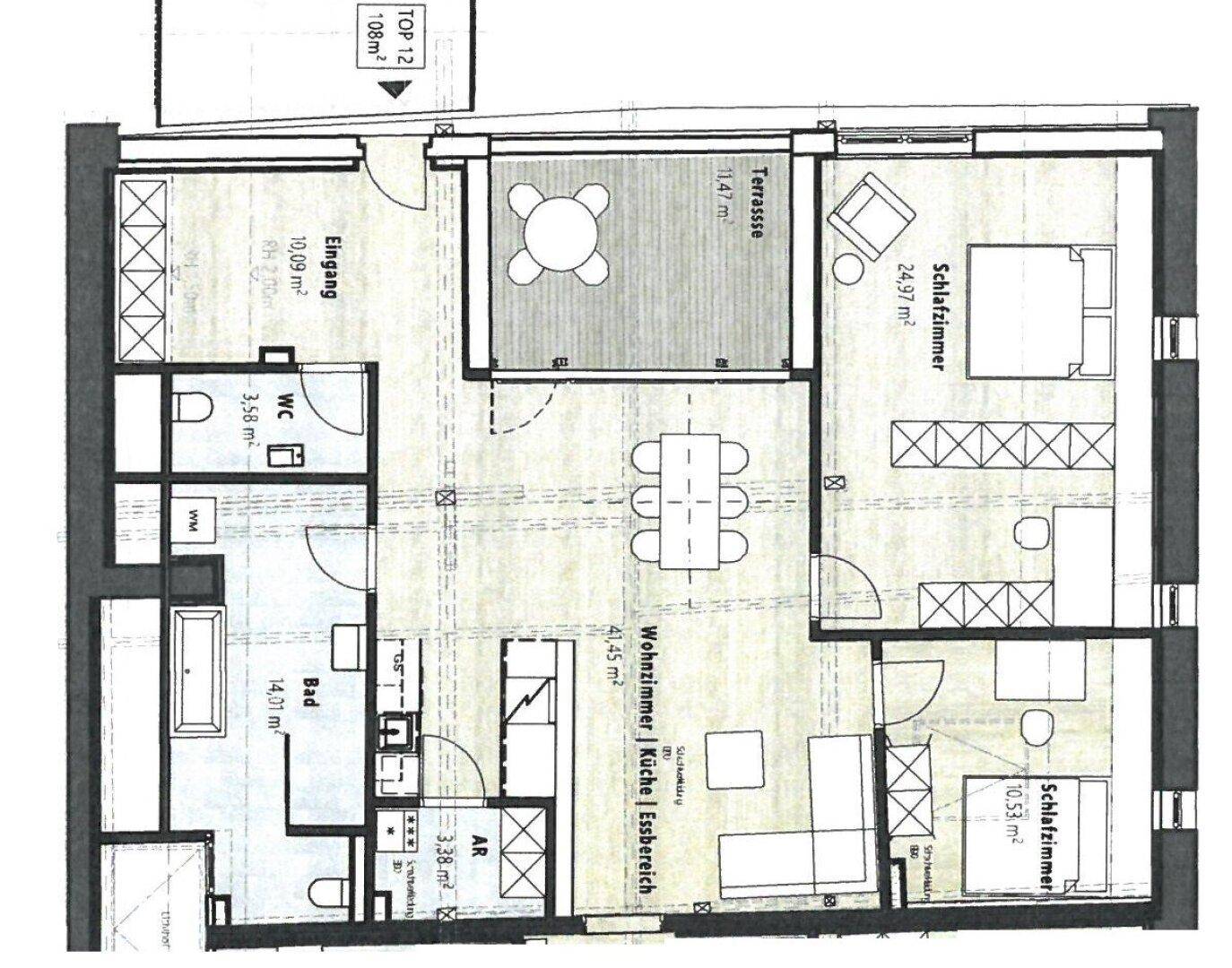 Grundriss einer großen Wohnung mit zwei Schlafzimmern, Bad, WC und Terrasse.