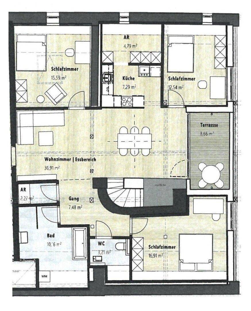 Grundriss einer Wohnung mit drei Schlafzimmern, zwei Bädern, Terrasse und offenem Wohnbereich.