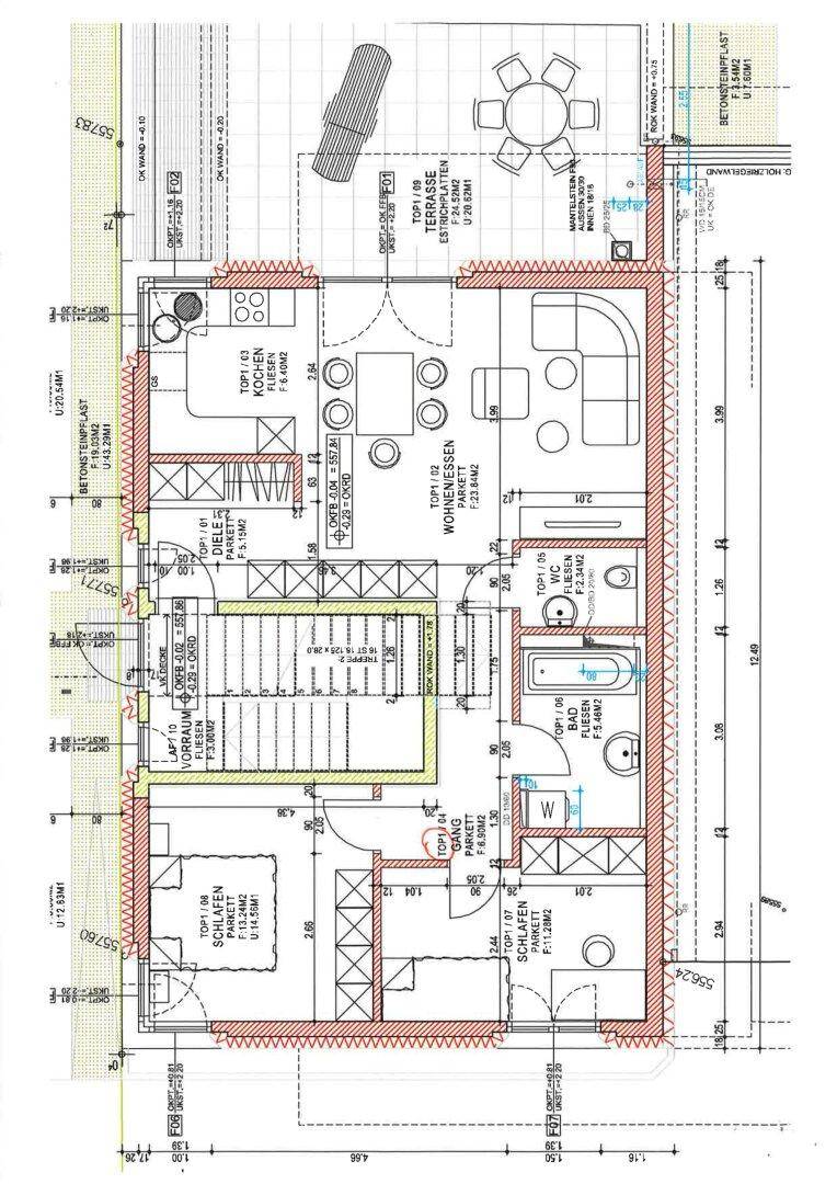 Detaillierter Grundrissplan einer Wohneinheit mit Schlafzimmer, Bad, Wohn-Essbereich, Küche und Terrasse.