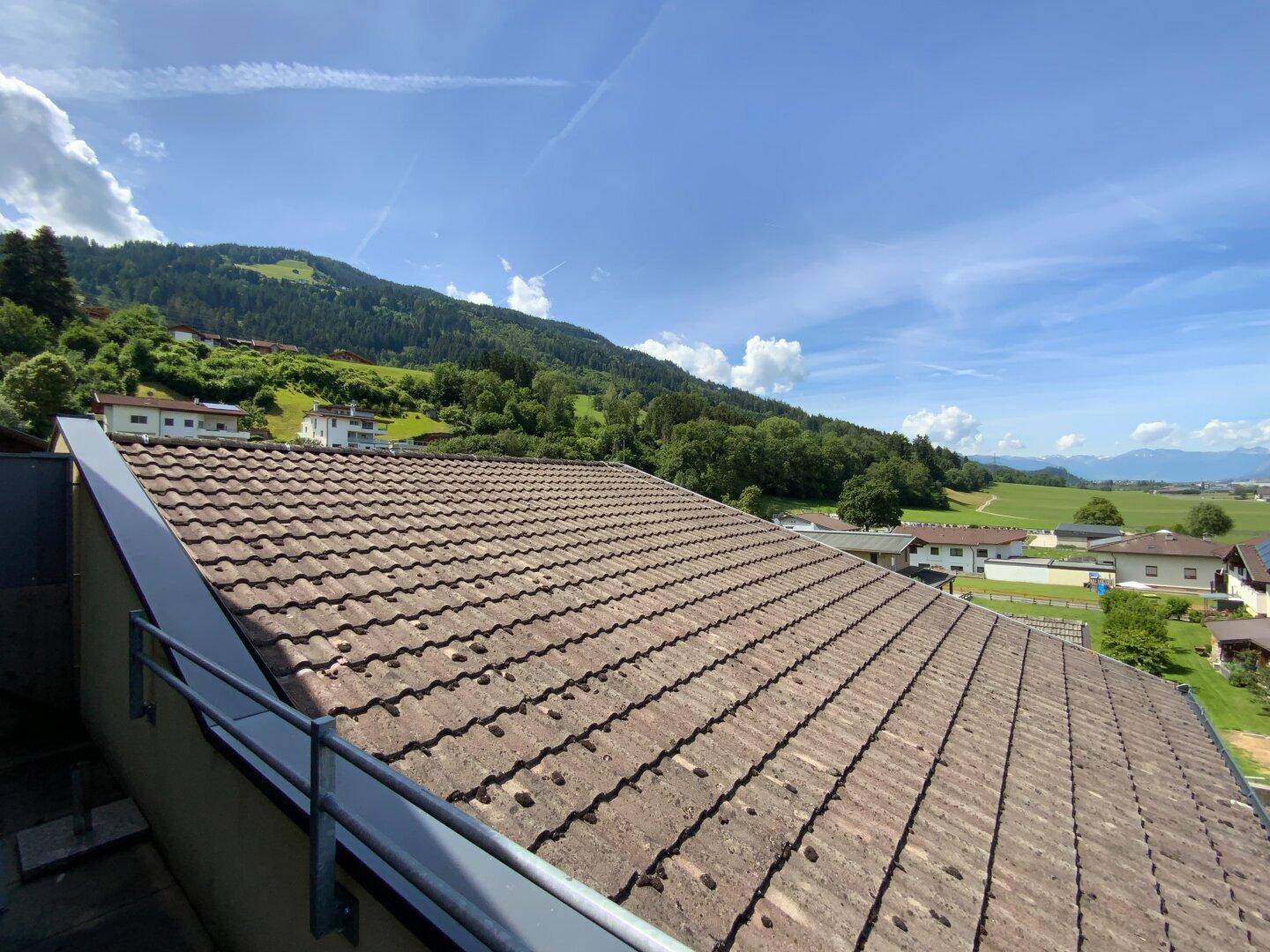 Weitblick über ein Ziegeldach auf einen bewaldeten Hügel und die umliegende grüne Landschaft.