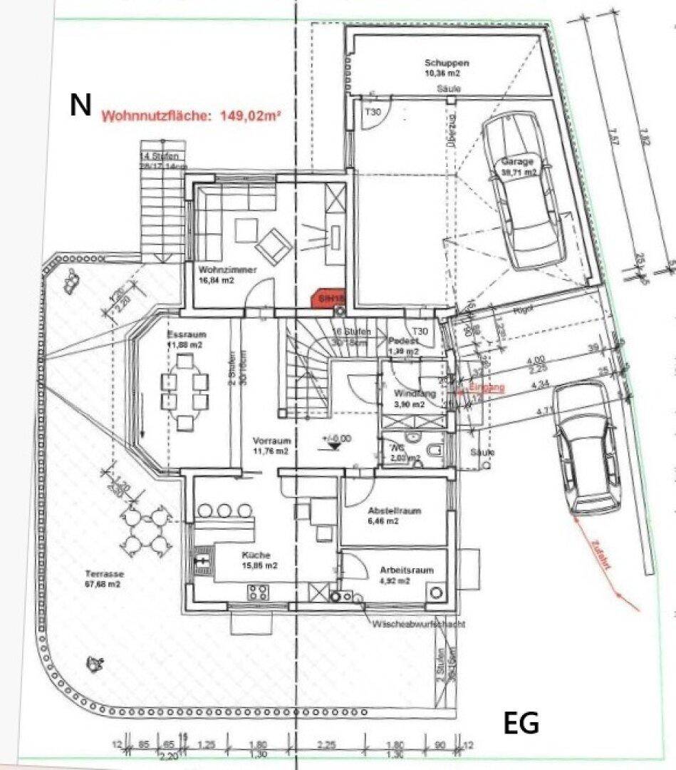 Grundriss des Erdgeschosses mit offenem Wohnbereich, Küche, Arbeitszimmer und großer Terrasse.