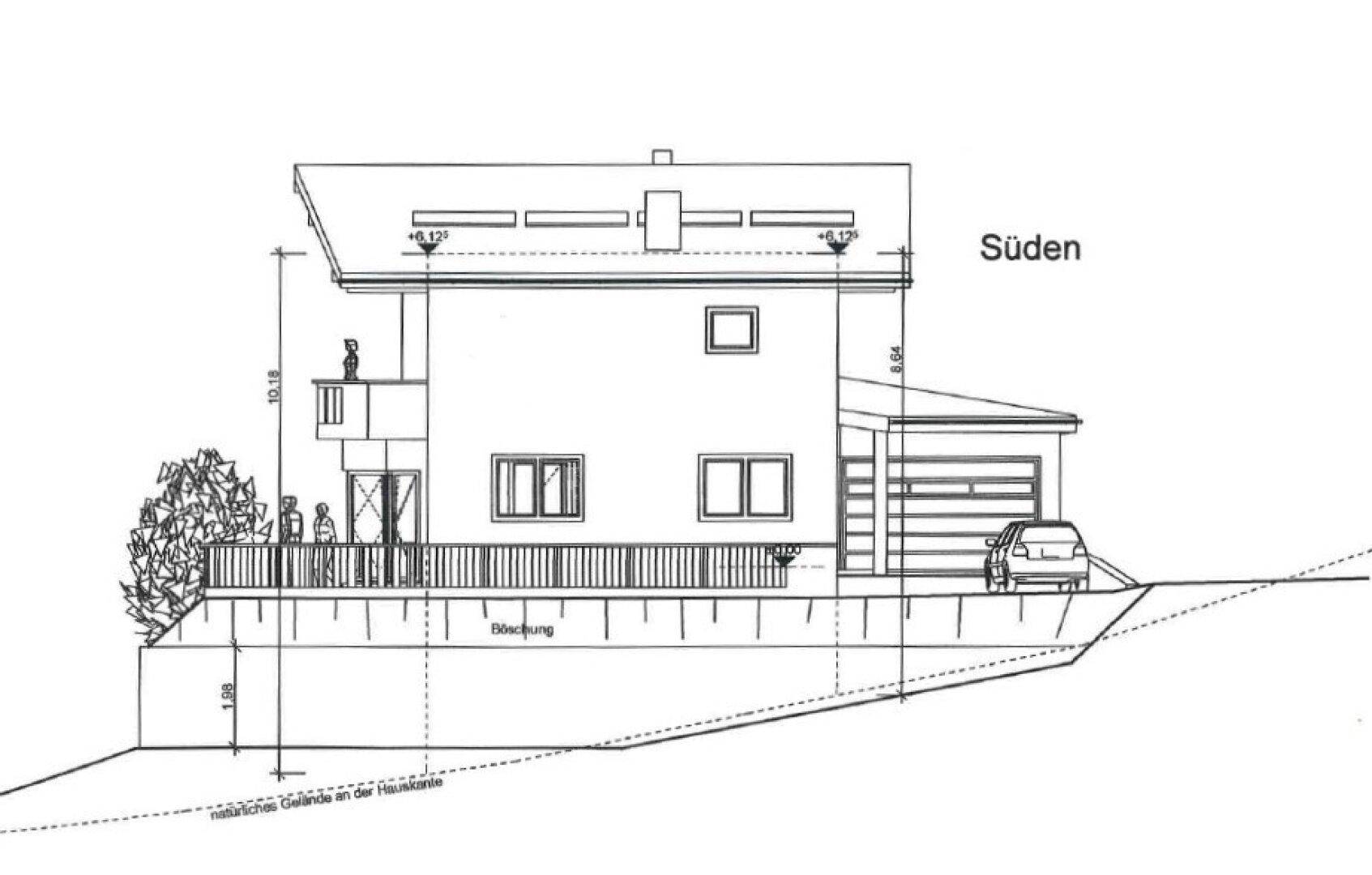 Architektonische Südansicht des Gebäudes mit integrierter Garage und Balkon.