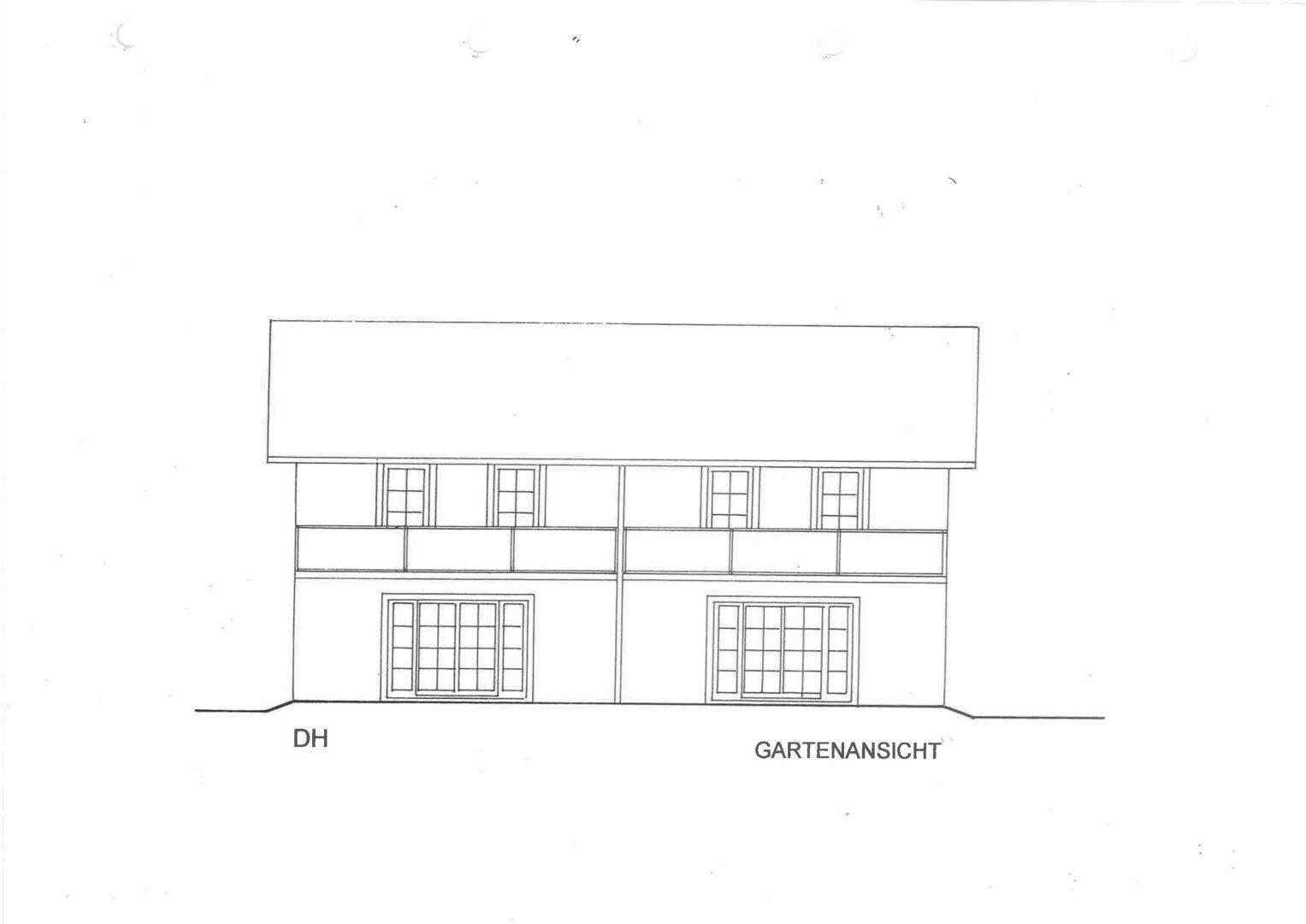 Architektonische Gartenansicht des Hauses mit Fenstern und Balkonen.