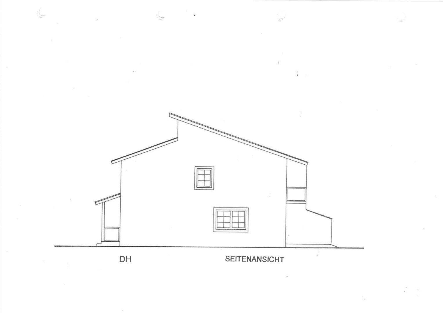 Architektonische Seitenansicht des Gebäudes mit schrägem Dach.