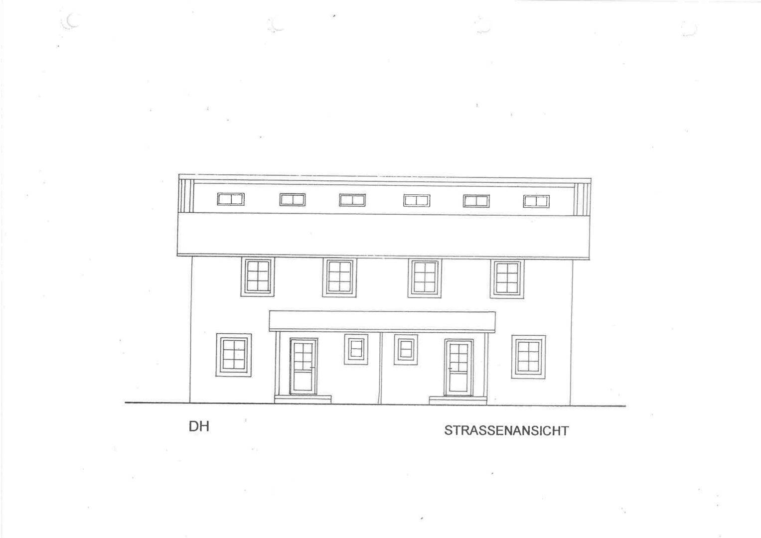 Architektonische Straßenansicht des Hauses mit Eingangstüren und Fenstern.