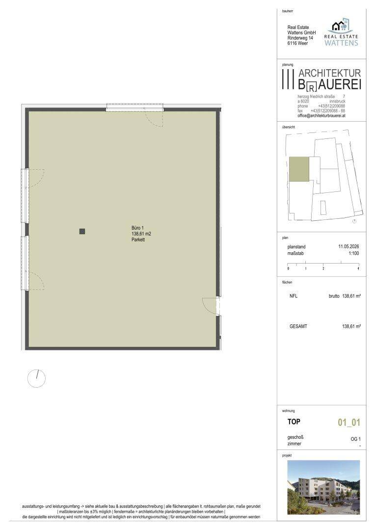 Grundrissplan eines Büros mit 138,61 m² Nutzfläche und zwei Fenstern.